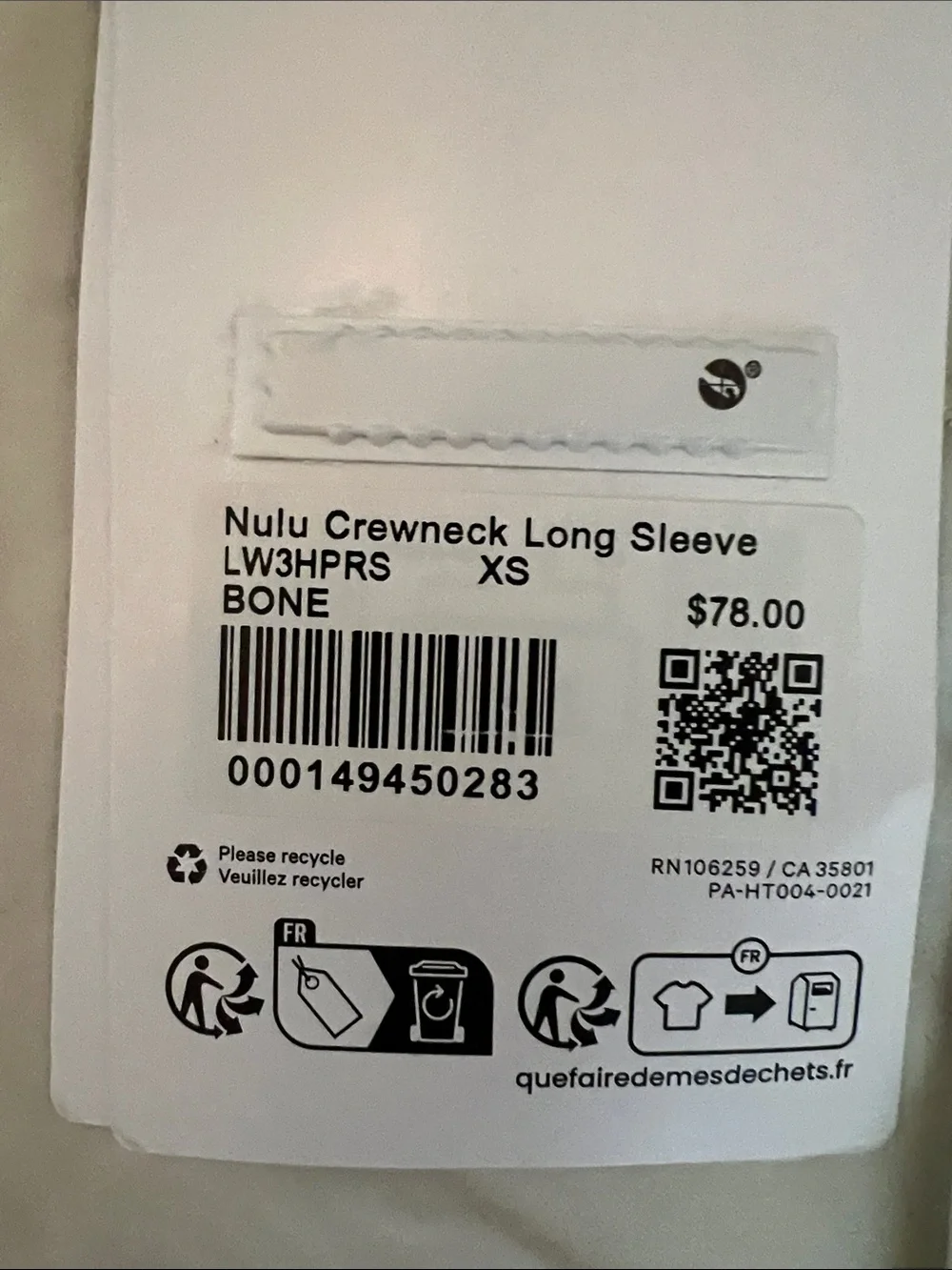 Lululemon Bone Cream Nulu Crewneck Long Sleeve Tee Shirt Size XS NWT